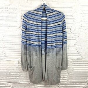 Talbots Lambswool Blend Open Front Long Cardigan Gray & Blue Nordic Print XS